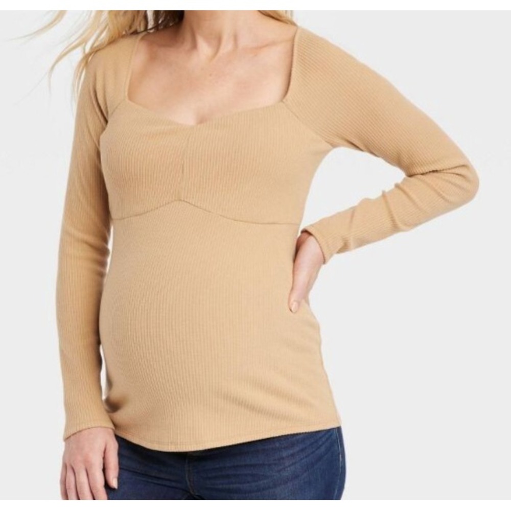 Isabel Maternity Ribbed Corsetry Top Womens Small Long Sleeve Stretch Tan